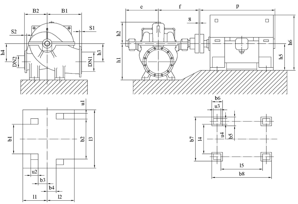 Outline dimensions of large KLS pumps (KLS350-630 to KLS800-990)