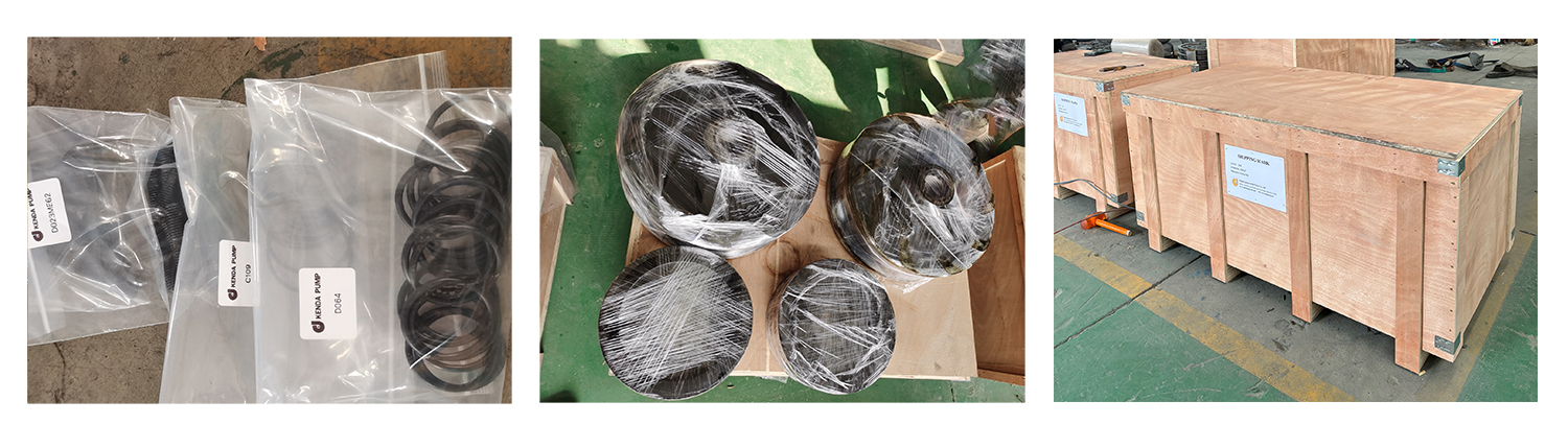KENDA slurry pump spare parts packaging and shipping display, showing waterproof wrapping, and fumigation-free wooden cases for global delivery