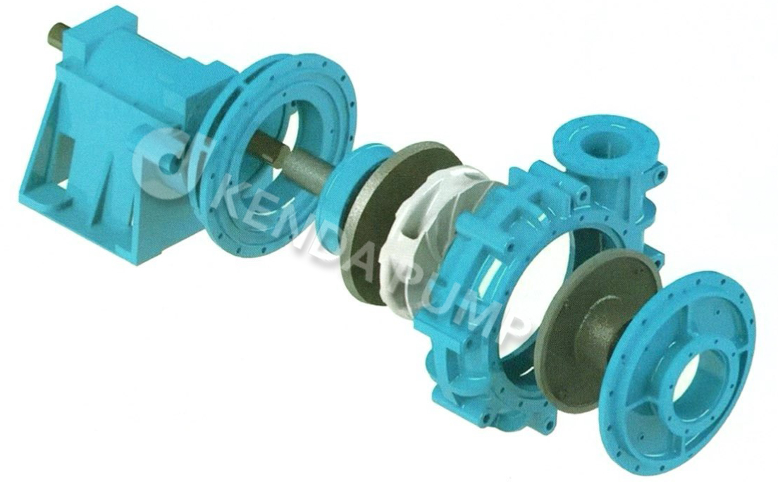 Exploded view of a ceramic slurry pump showing the assembly of its blue metal casing, central shaft, and high-wear ceramic impeller. This diagram illustrates the internal engineering and precision-fit ceramic pump parts.
